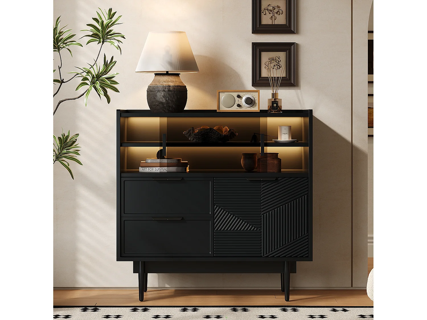 Dressoir 80x35x180cm met 3 deuren waarvan 2 schuifdeuren, 2 lades en LED, zwarte MDF body