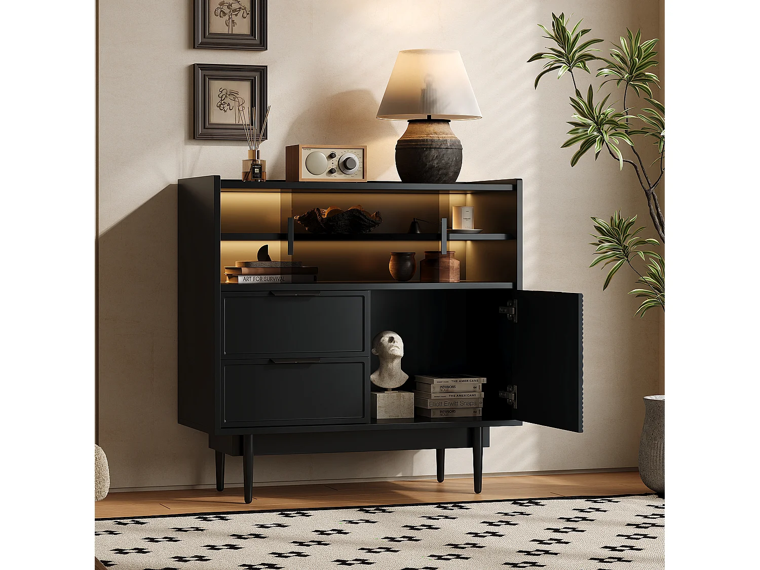 Dressoir 80x35x180cm met 3 deuren waarvan 2 schuifdeuren, 2 lades en LED, zwarte MDF body