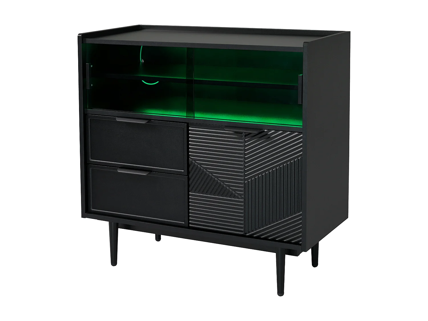 Dressoir 80x35x180cm met 3 deuren waarvan 2 schuifdeuren, 2 lades en LED, zwarte MDF body