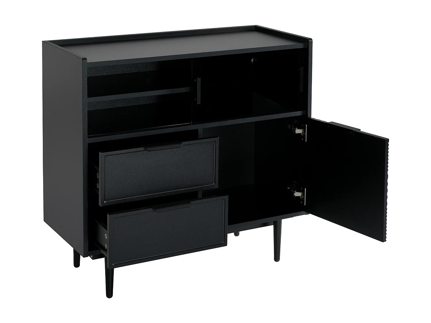 Dressoir 80x35x180cm met 3 deuren waarvan 2 schuifdeuren, 2 lades en LED, zwarte MDF body