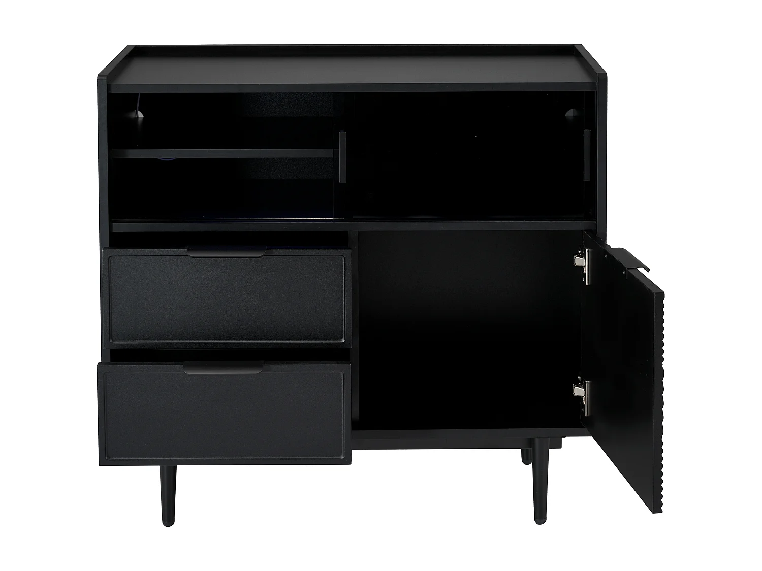 Dressoir 80x35x180cm met 3 deuren waarvan 2 schuifdeuren, 2 lades en LED, zwarte MDF body