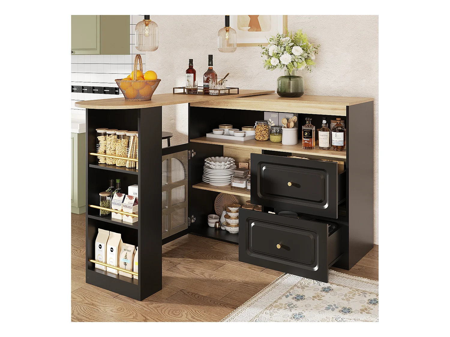 Meuble de bar pivotant avec 1 porte en verre, 1 niche et 2 tiroirs, corps noir, étagères inclus - 204x39x104cm