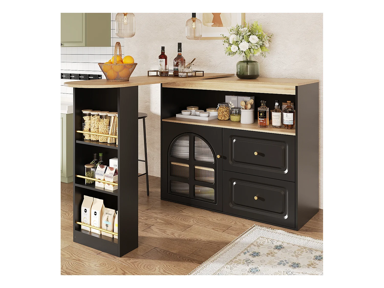 Meuble de bar pivotant avec 1 porte en verre, 1 niche et 2 tiroirs, corps noir, étagères inclus - 204x39x104cm