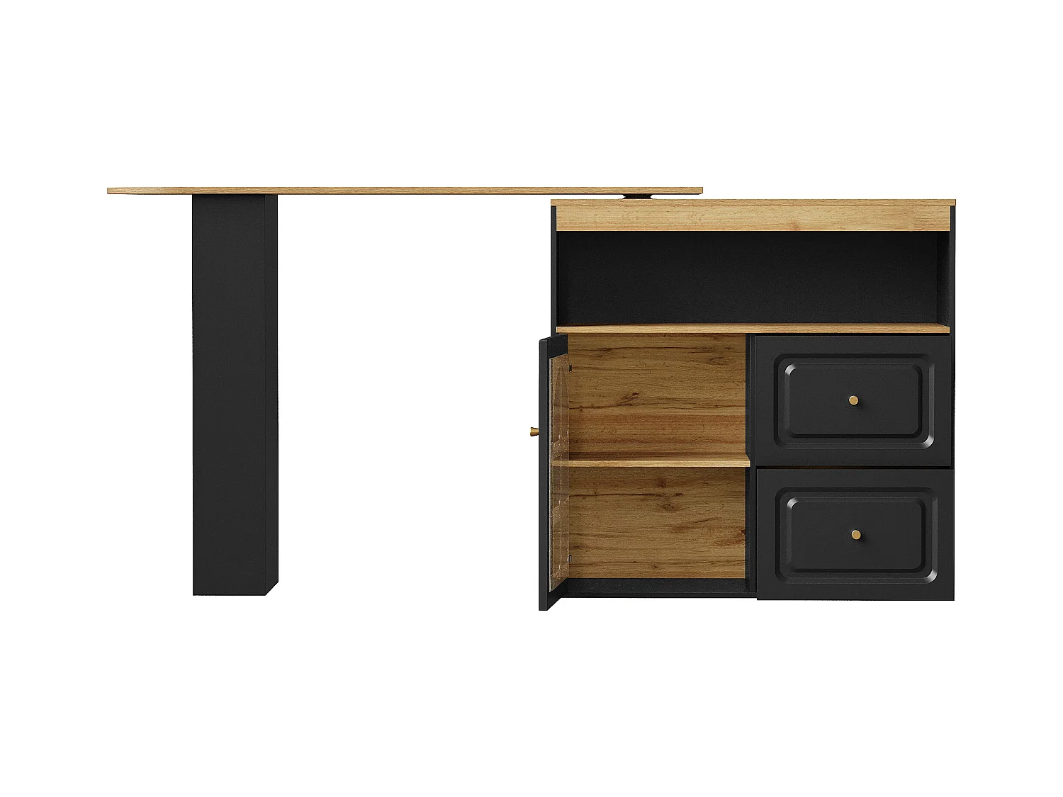 Meuble de bar pivotant avec 1 porte en verre, 1 niche et 2 tiroirs, corps noir, étagères inclus - 204x39x104cm