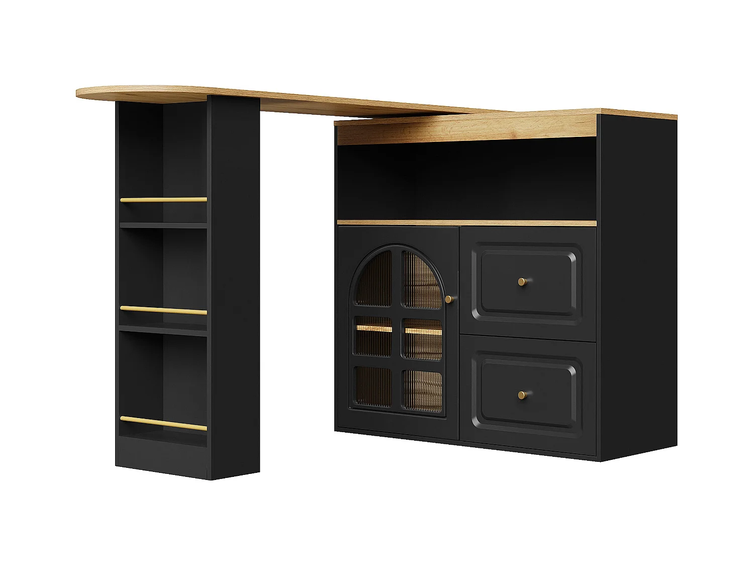 Meuble de bar pivotant avec 1 porte en verre, 1 niche et 2 tiroirs, corps noir, étagères inclus - 204x39x104cm