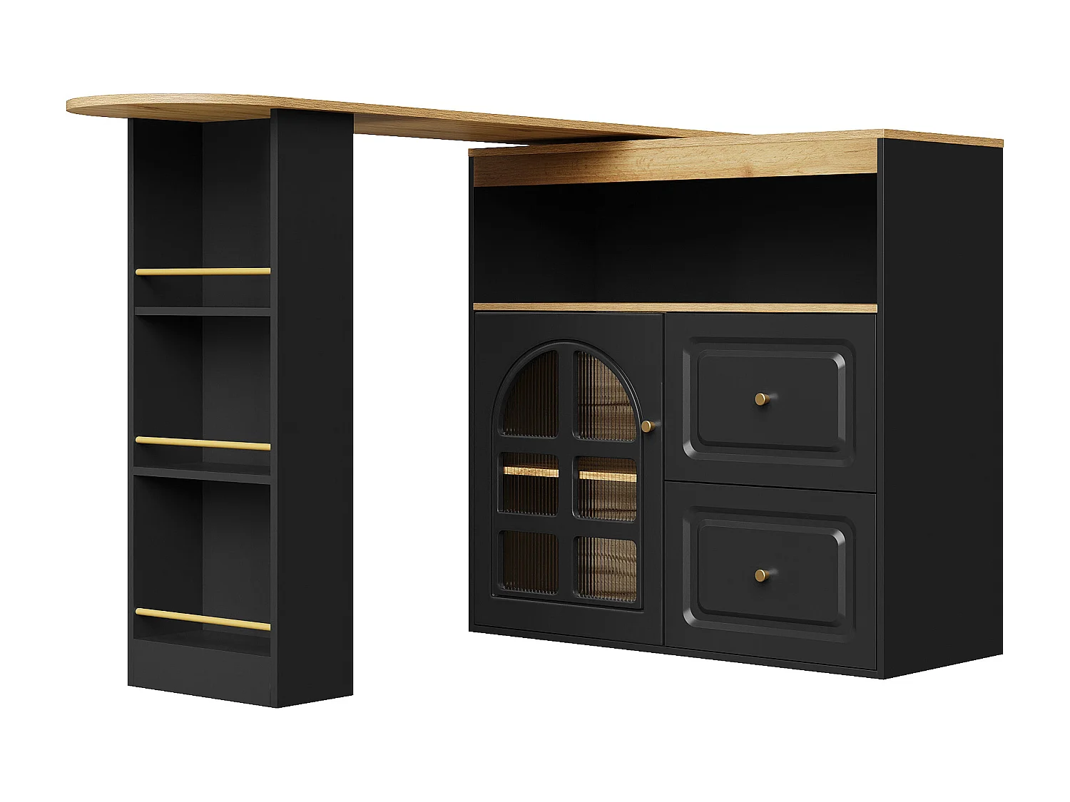 Meuble de bar pivotant avec 1 porte en verre, 1 niche et 2 tiroirs, corps noir, étagères inclus - 204x39x104cm