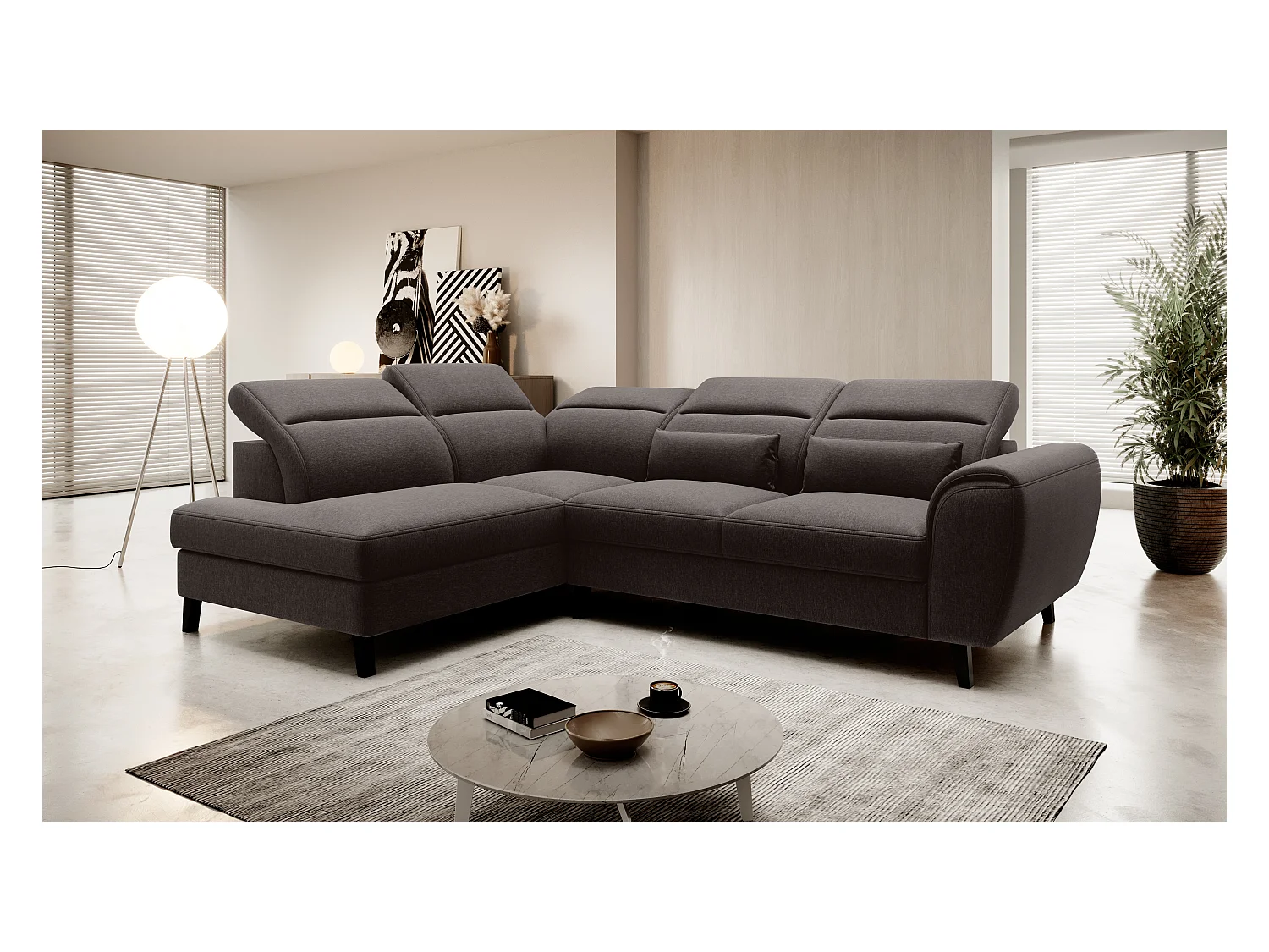 Canapé d'angle convertible avec rangement tissu NOBLESSE - Pieds bois noir-Marron foncé-angle gauche