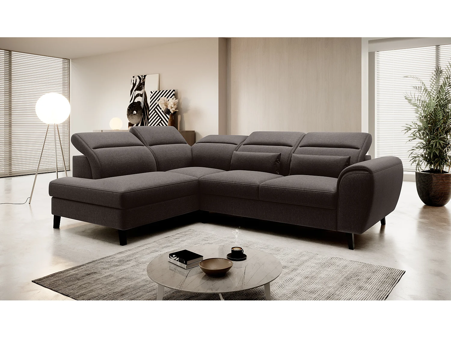 Canapé d'angle convertible avec rangement tissu NOBLESSE - Pieds bois noir-Marron foncé-angle gauche