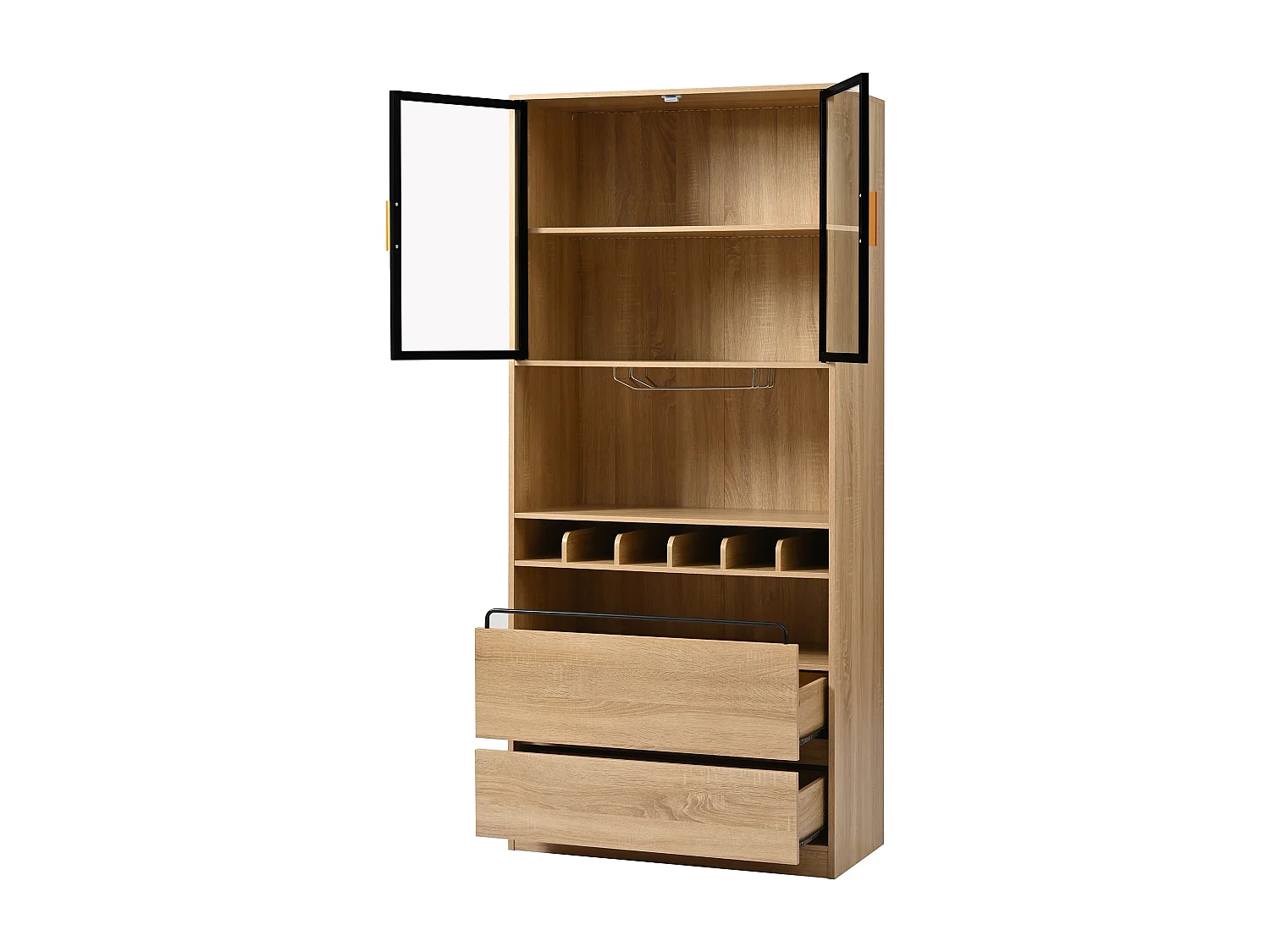 Credenza 80x40x180cm con 2 ante in vetro, 2 cassetti e portabottiglie, LED incluso, corpo in legno naturale chiaro