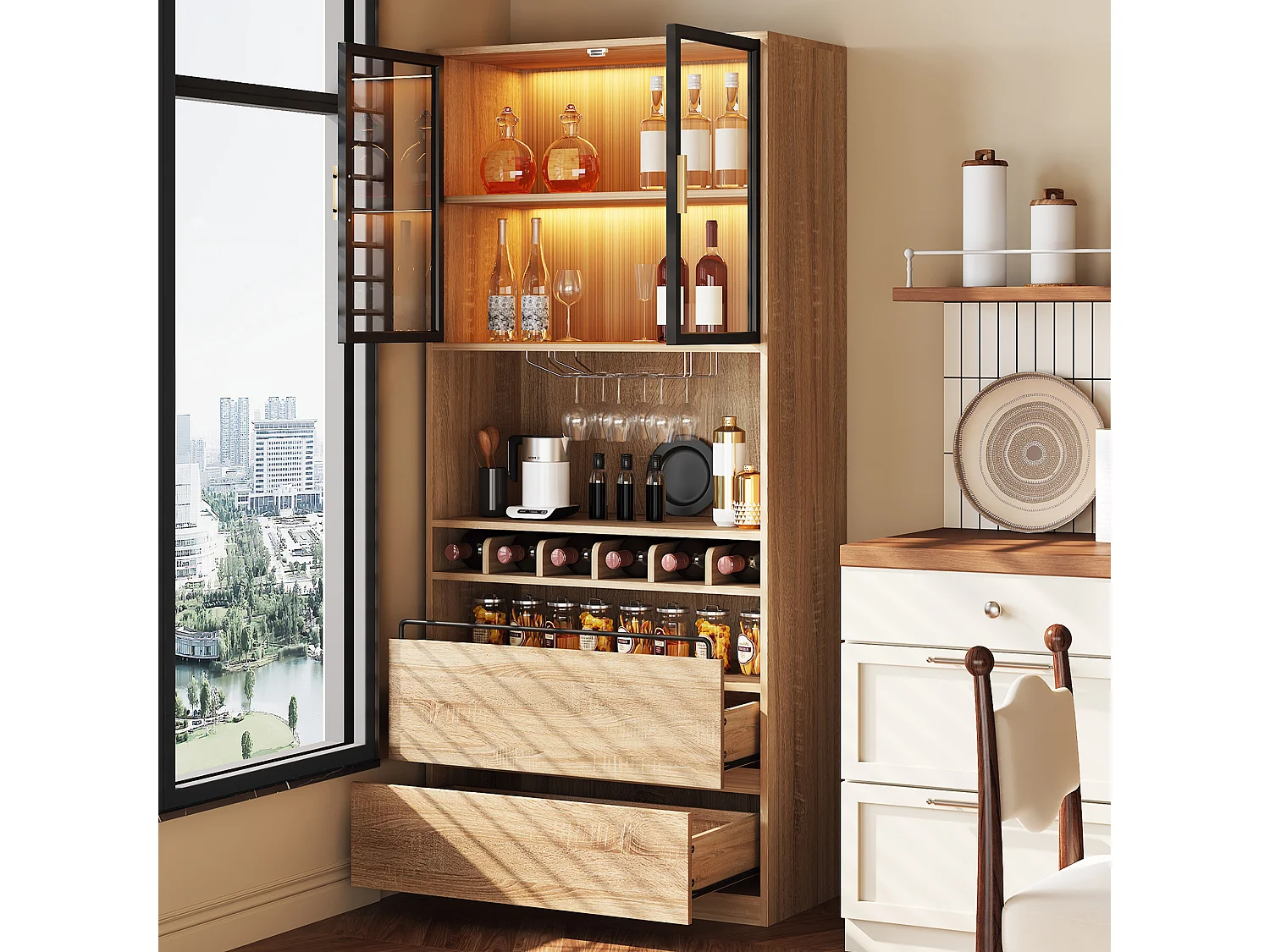 Credenza 80x40x180cm con 2 ante in vetro, 2 cassetti e portabottiglie, LED incluso, corpo in legno naturale chiaro