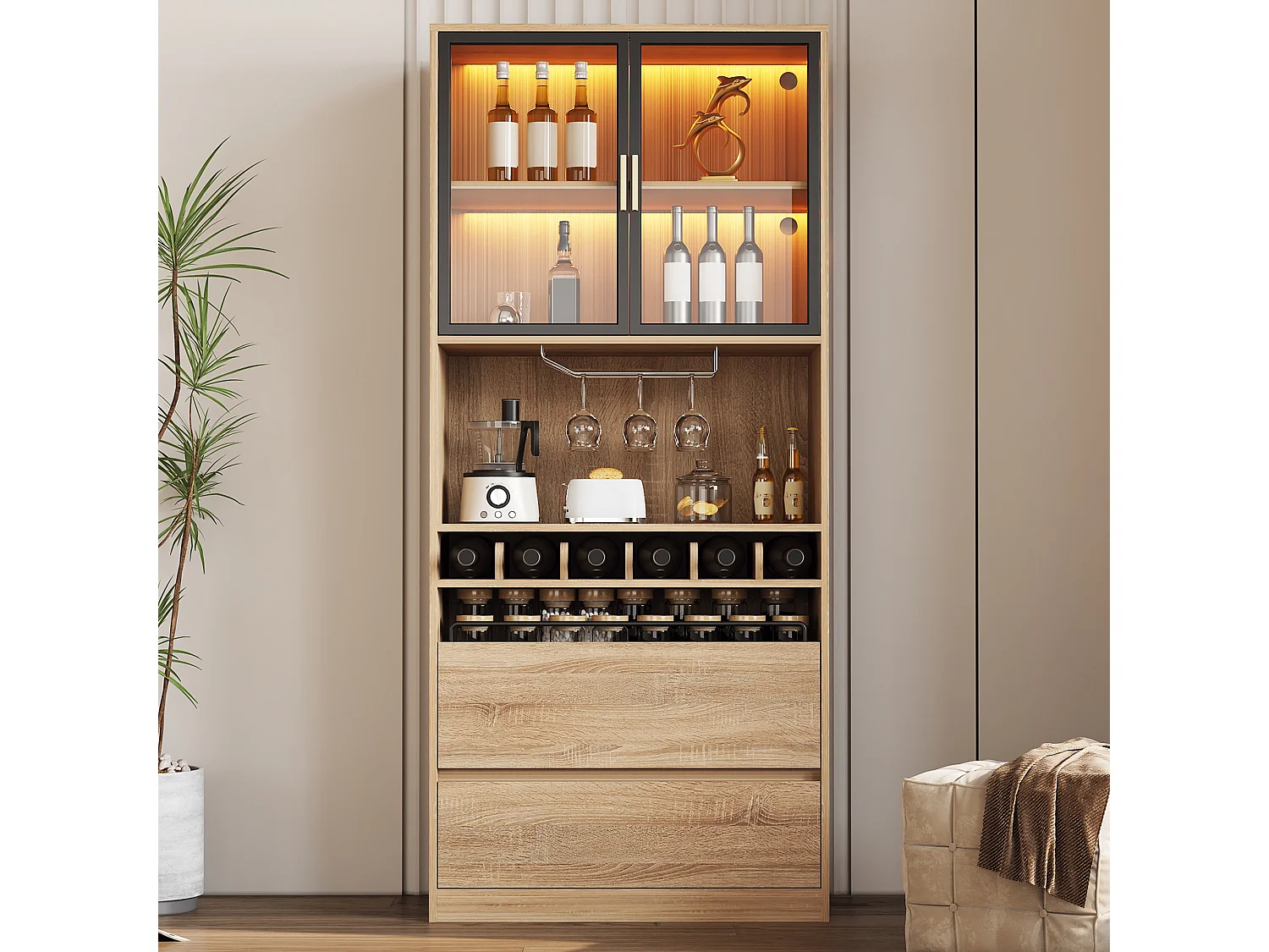 Credenza 80x40x180cm con 2 ante in vetro, 2 cassetti e portabottiglie, LED incluso, corpo in legno naturale chiaro