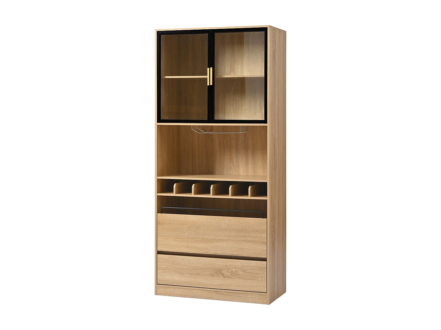 Credenza 80x40x180cm con 2 ante in vetro, 2 cassetti e portabottiglie, LED incluso, corpo in legno naturale chiaro