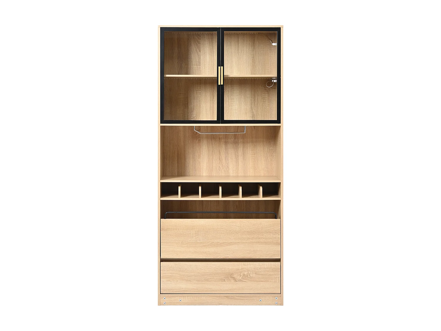 Credenza 80x40x180cm con 2 ante in vetro, 2 cassetti e portabottiglie, LED incluso, corpo in legno naturale chiaro