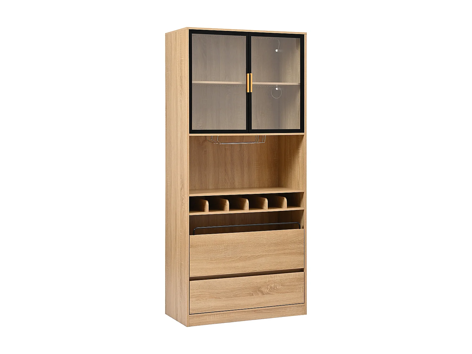 Credenza 80x40x180cm con 2 ante in vetro, 2 cassetti e portabottiglie, LED incluso, corpo in legno naturale chiaro