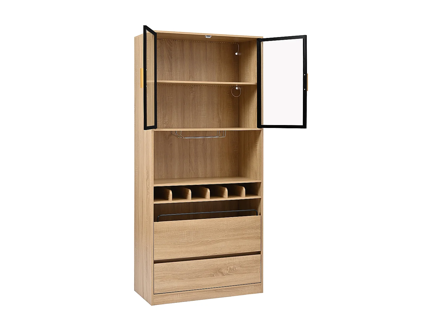 Credenza 80x40x180cm con 2 ante in vetro, 2 cassetti e portabottiglie, LED incluso, corpo in legno naturale chiaro