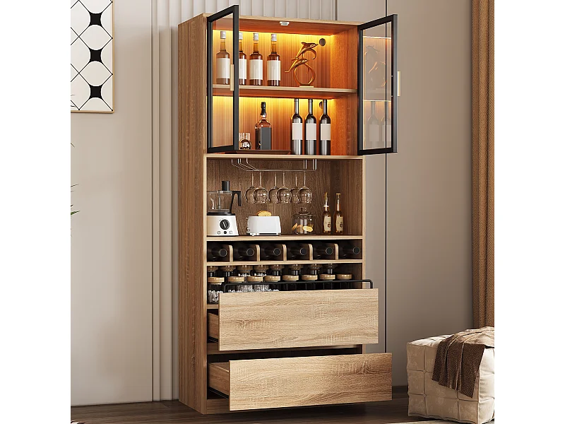 Credenza 80x40x180cm con 2 ante in vetro, 2 cassetti e portabottiglie, LED incluso, corpo in legno naturale chiaro