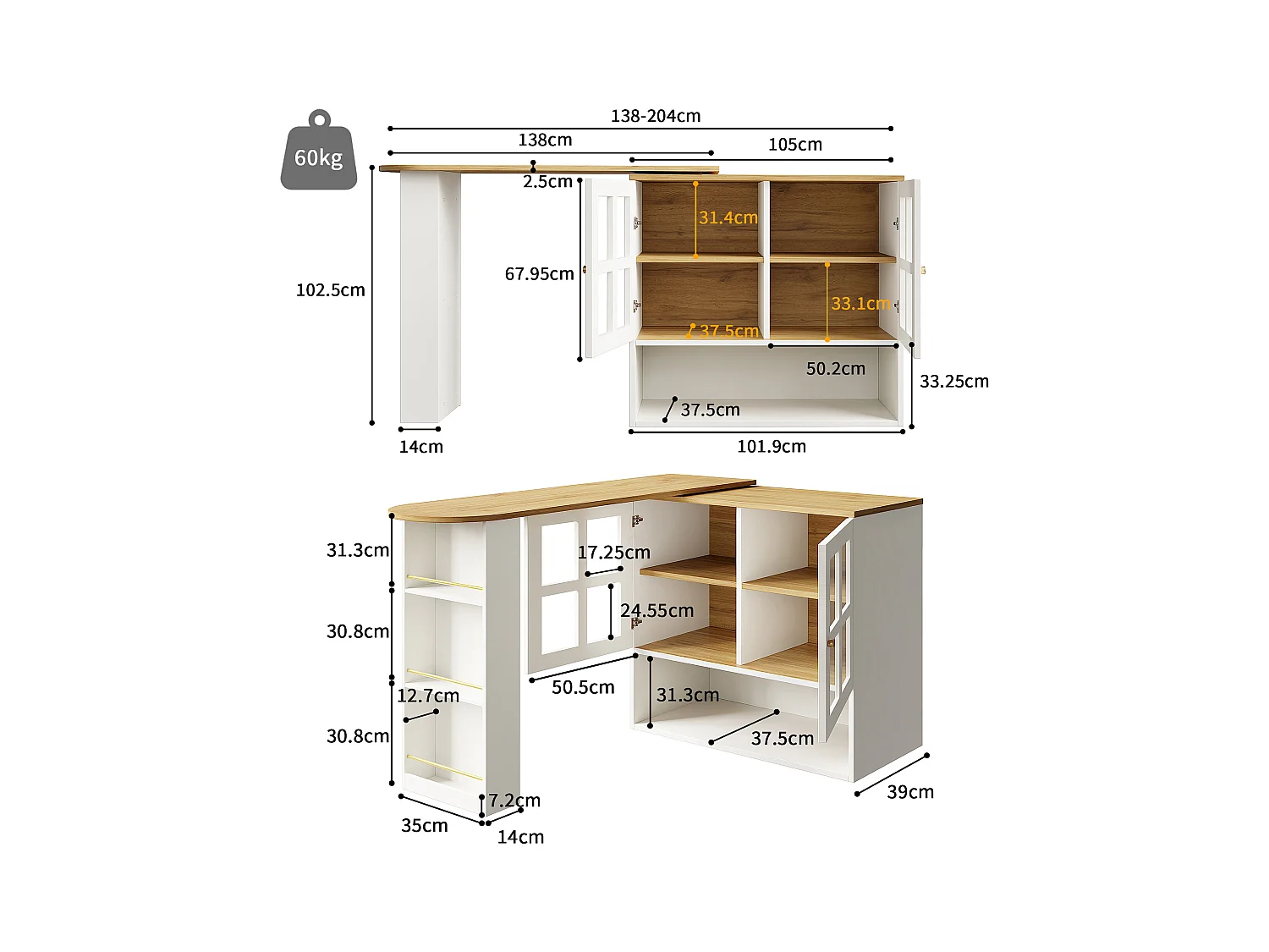 Mueble bar giratorio con 2 puertas de cristal y 1 nicho, cuerpo blanco, tapa chapada en imitación madera - 204x39x102,5cm