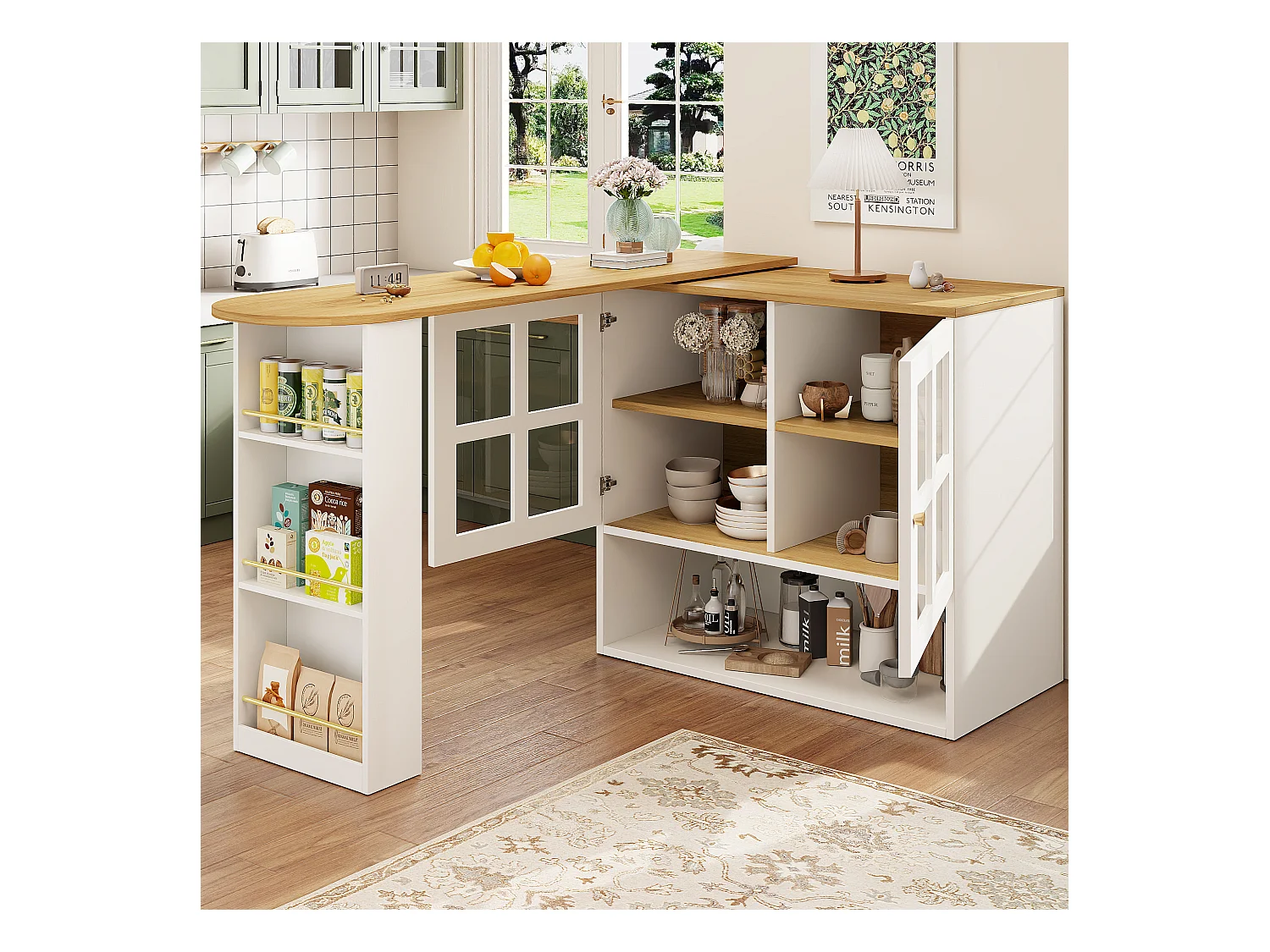Meuble de bar pivotant avec 2 portes en verre et 1 niche, corps blanc, plateau en placage woodgrain - 204x39x102.5cm