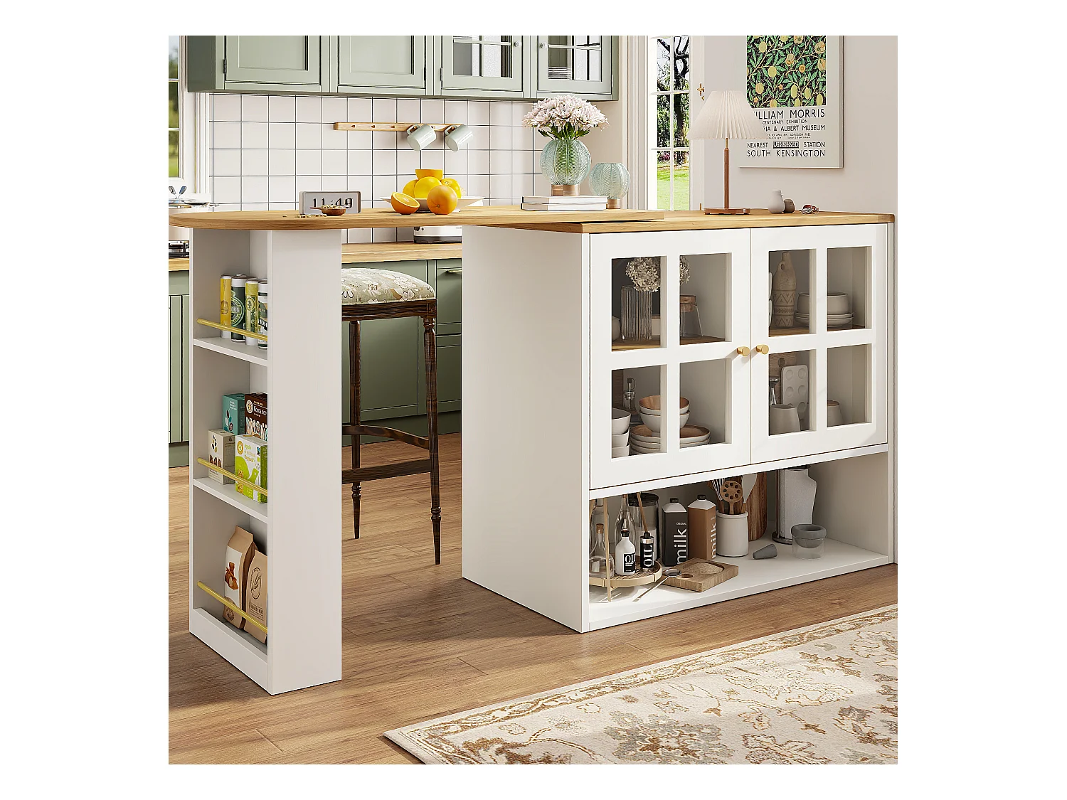 Meuble de bar pivotant avec 2 portes en verre et 1 niche, corps blanc, plateau en placage woodgrain - 204x39x102.5cm