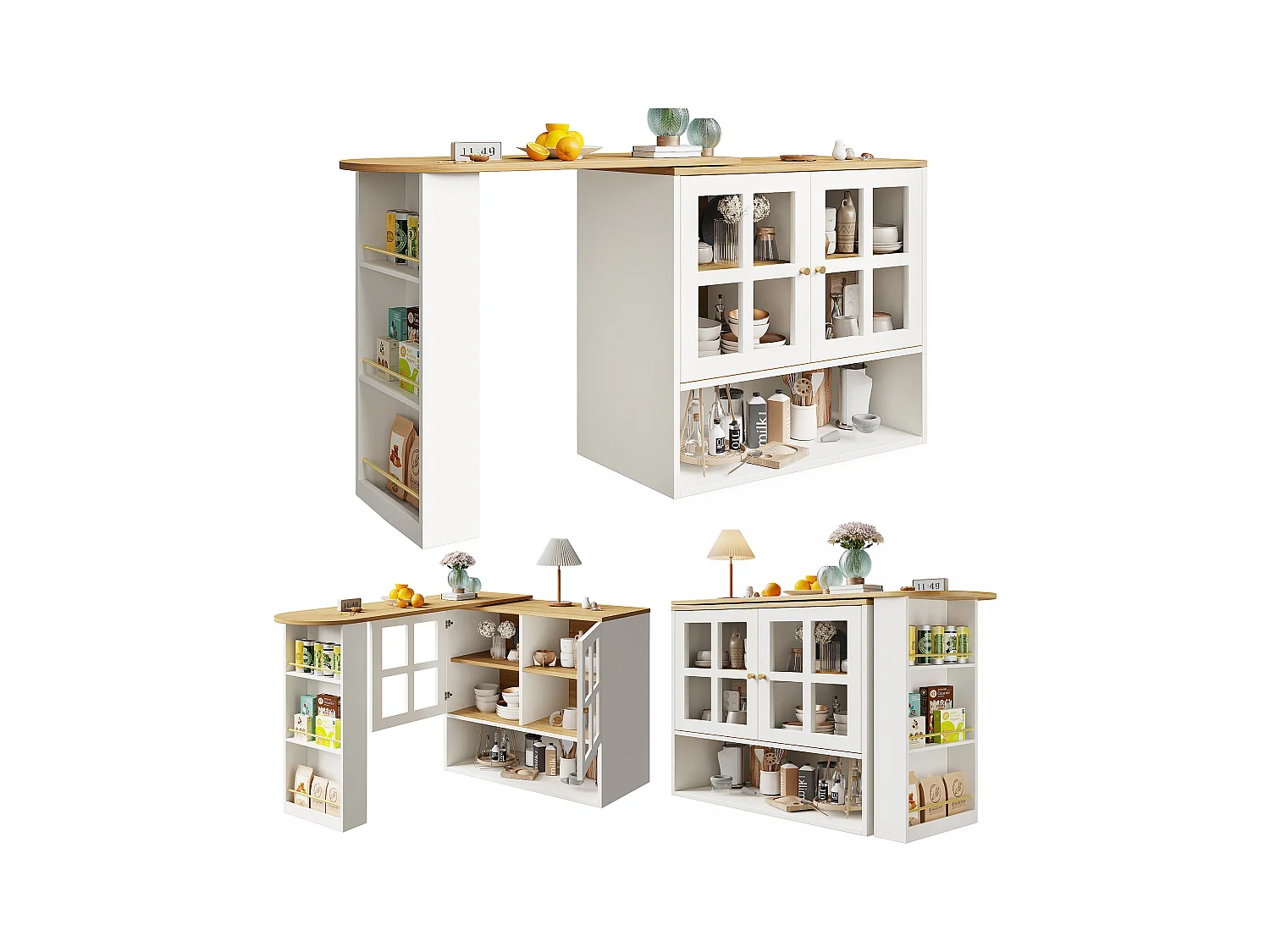 Meuble de bar pivotant avec 2 portes en verre et 1 niche, corps blanc, plateau en placage woodgrain - 204x39x102.5cm