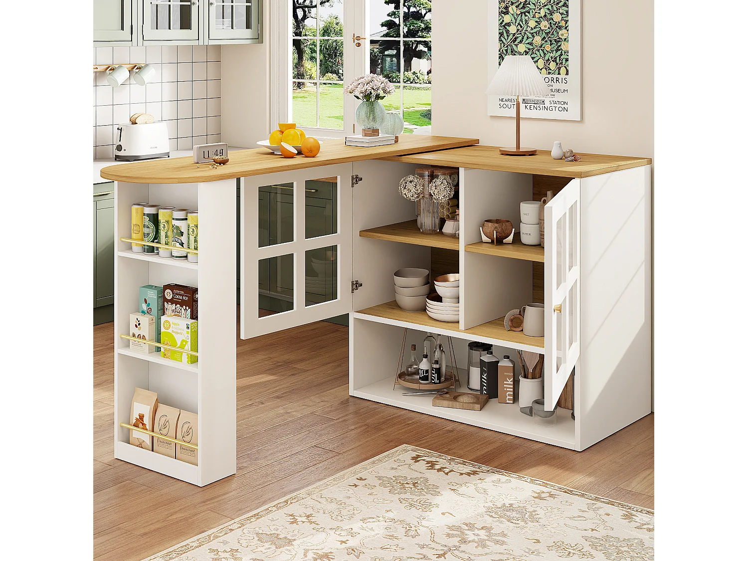 Meuble de bar pivotant avec 2 portes en verre et 1 niche, corps blanc, plateau en placage woodgrain - 204x39x102.5cm