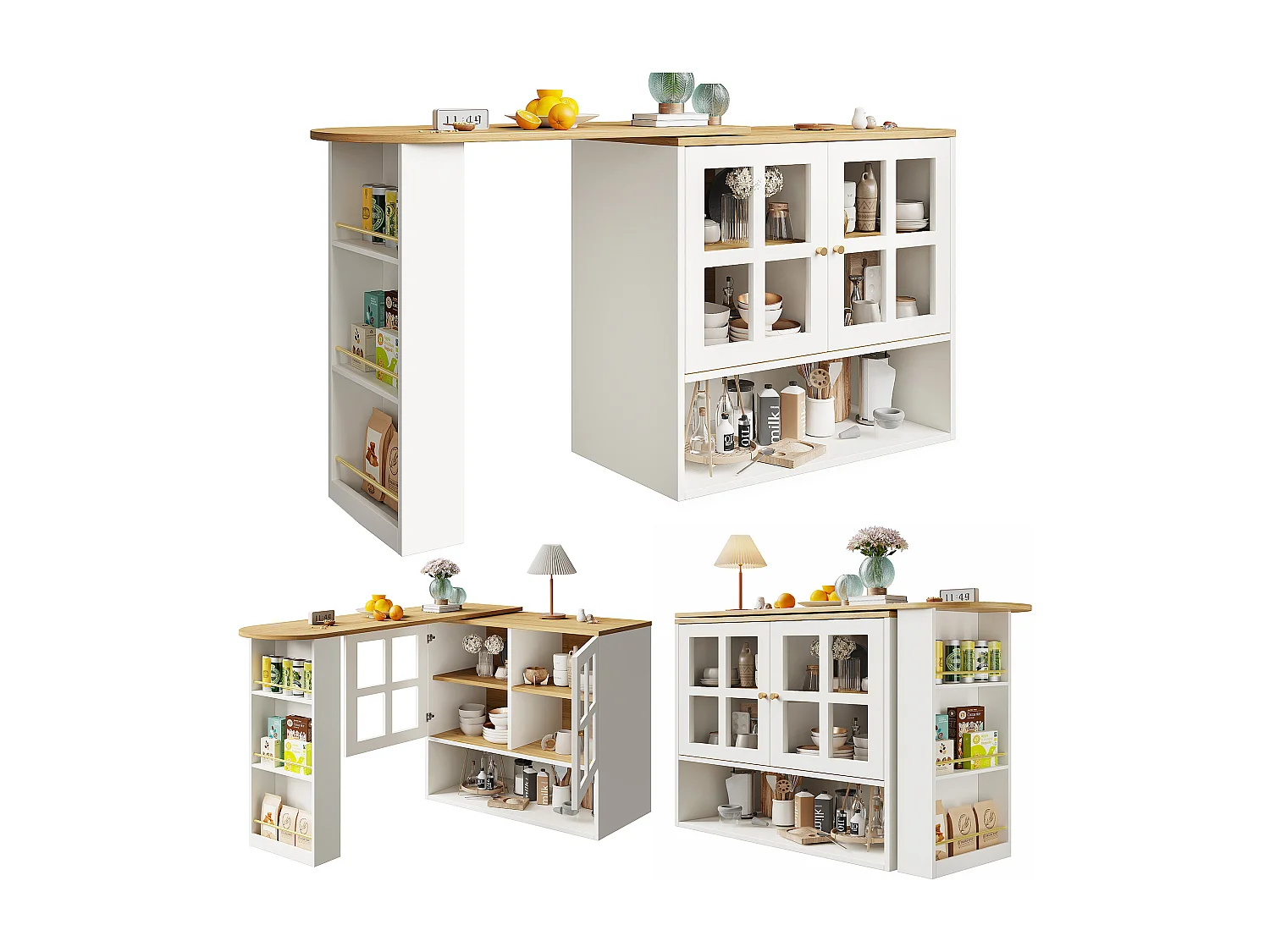 Meuble de bar pivotant avec 2 portes en verre et 1 niche, corps blanc, plateau en placage woodgrain - 204x39x102.5cm