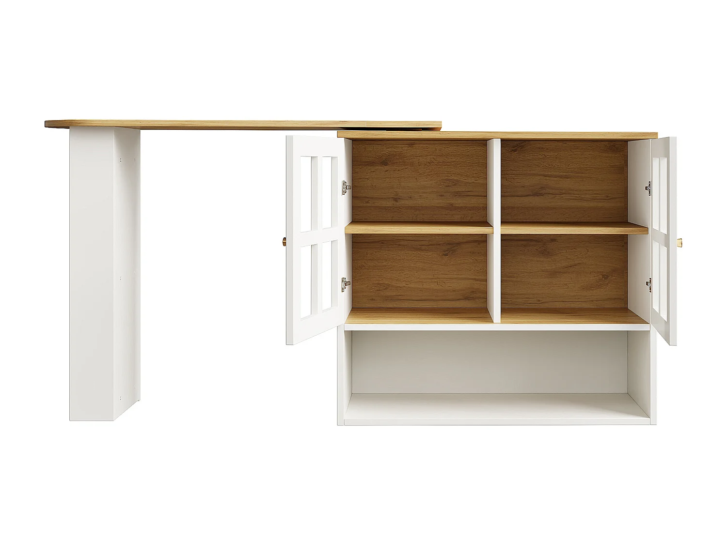 Meuble de bar pivotant avec 2 portes en verre et 1 niche, corps blanc, plateau en placage woodgrain - 204x39x102.5cm