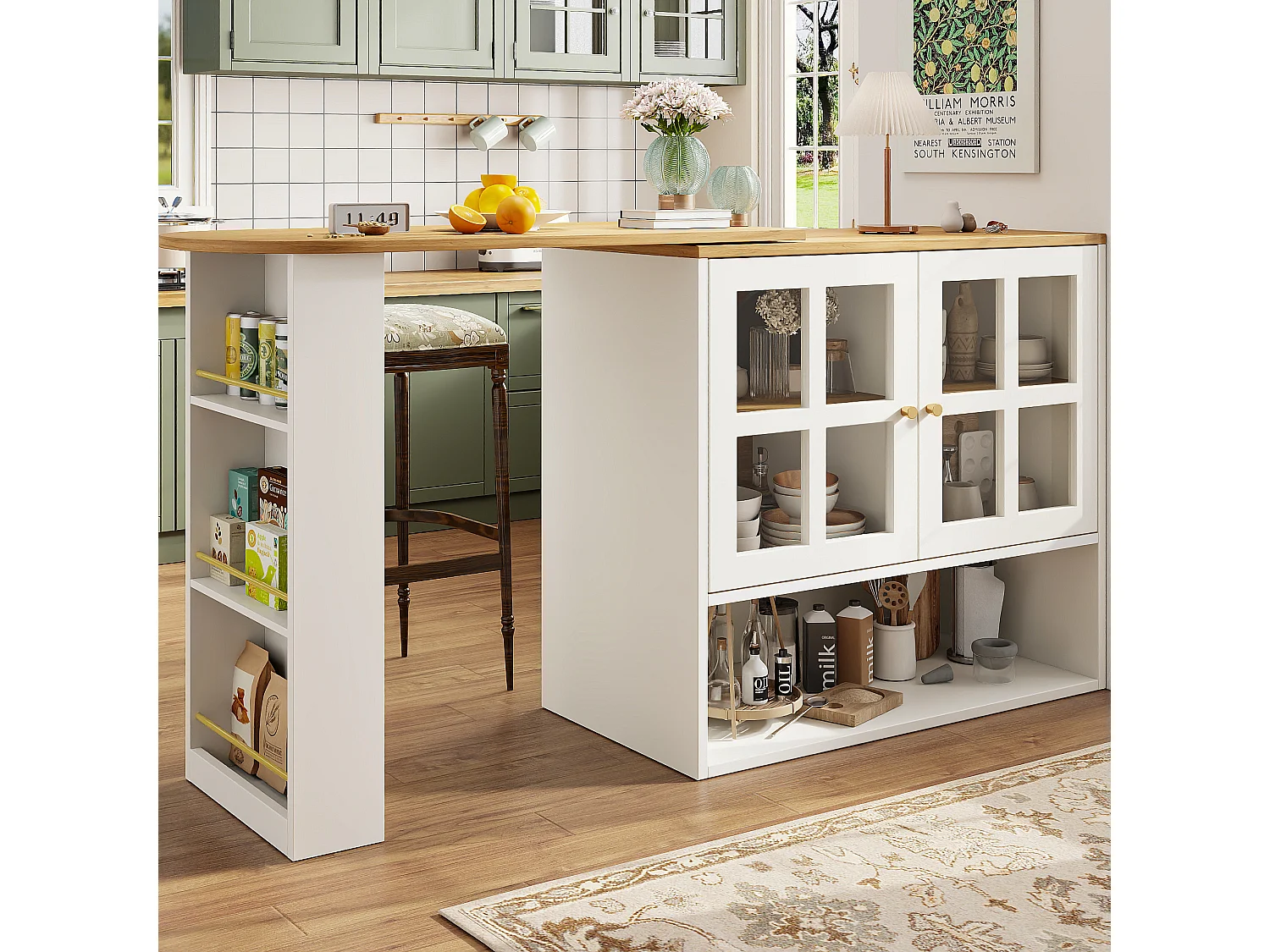 Meuble de bar pivotant avec 2 portes en verre et 1 niche, corps blanc, plateau en placage woodgrain - 204x39x102.5cm