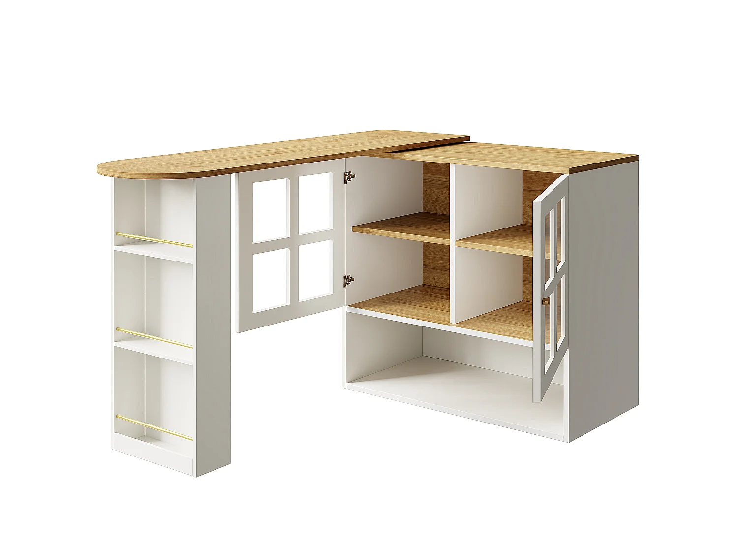 Meuble de bar pivotant avec 2 portes en verre et 1 niche, corps blanc, plateau en placage woodgrain - 204x39x102.5cm