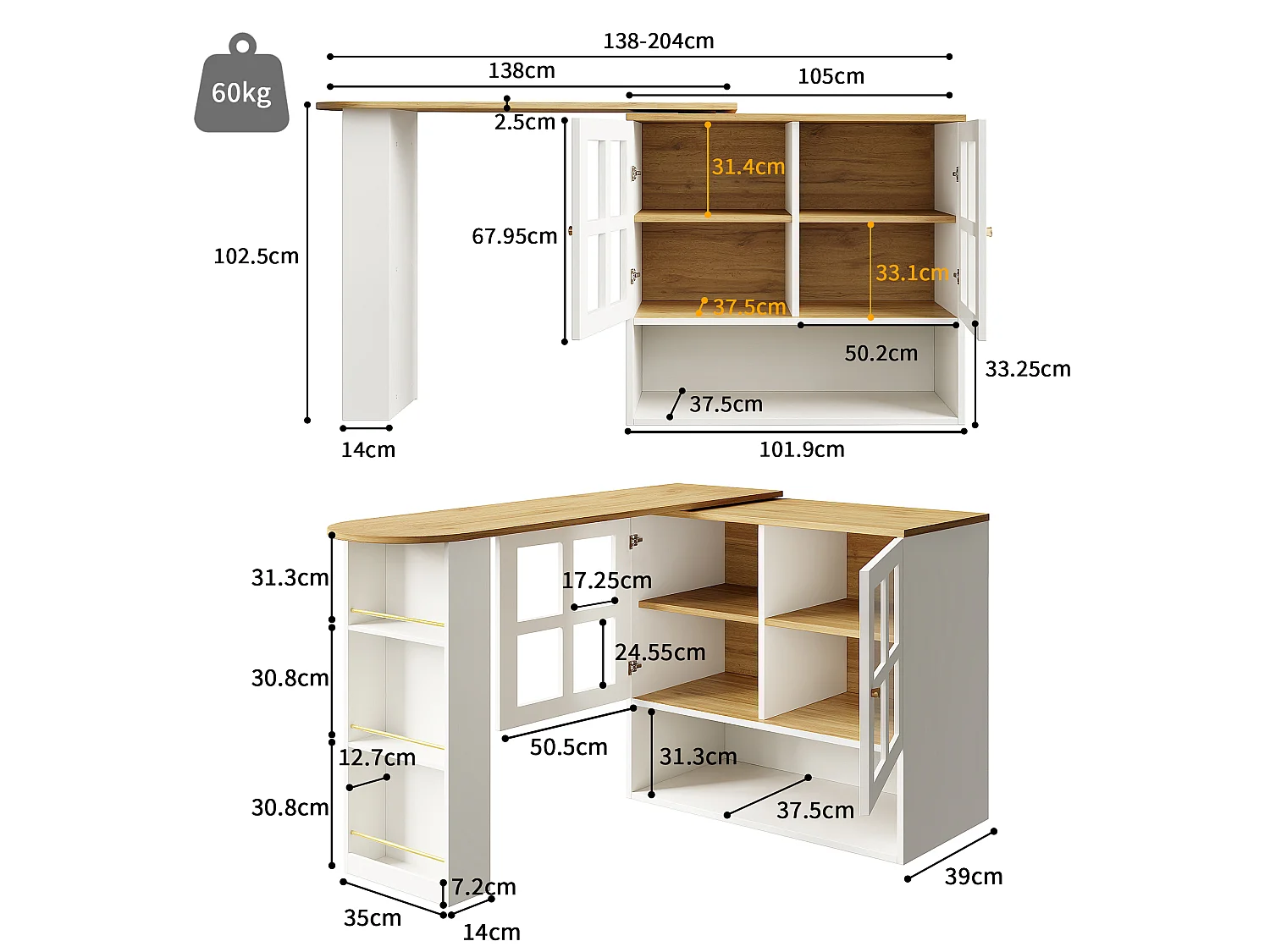 Meuble de bar pivotant avec 2 portes en verre et 1 niche, corps blanc, plateau en placage woodgrain - 204x39x102.5cm