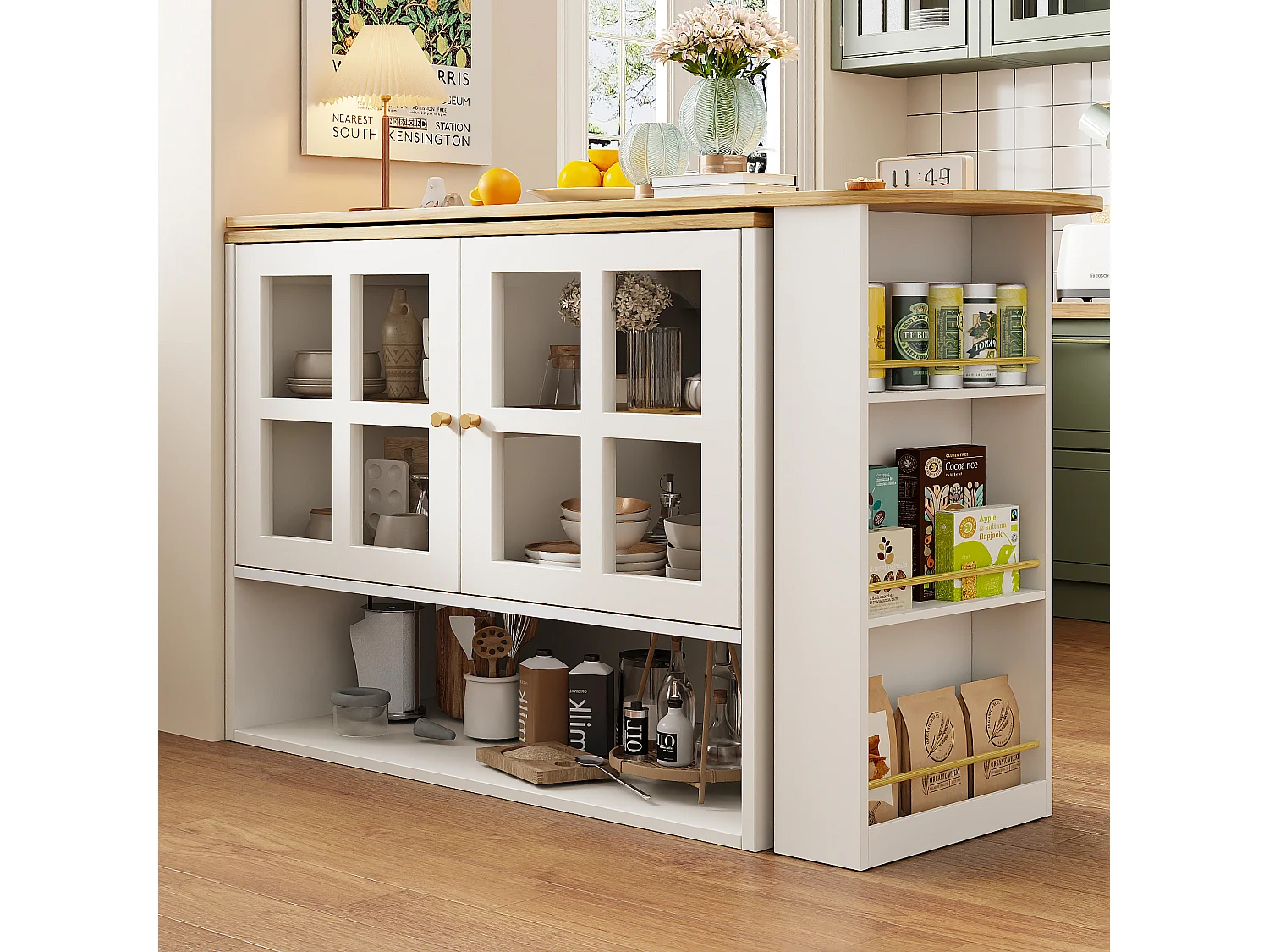 Meuble de bar pivotant avec 2 portes en verre et 1 niche, corps blanc, plateau en placage woodgrain - 204x39x102.5cm
