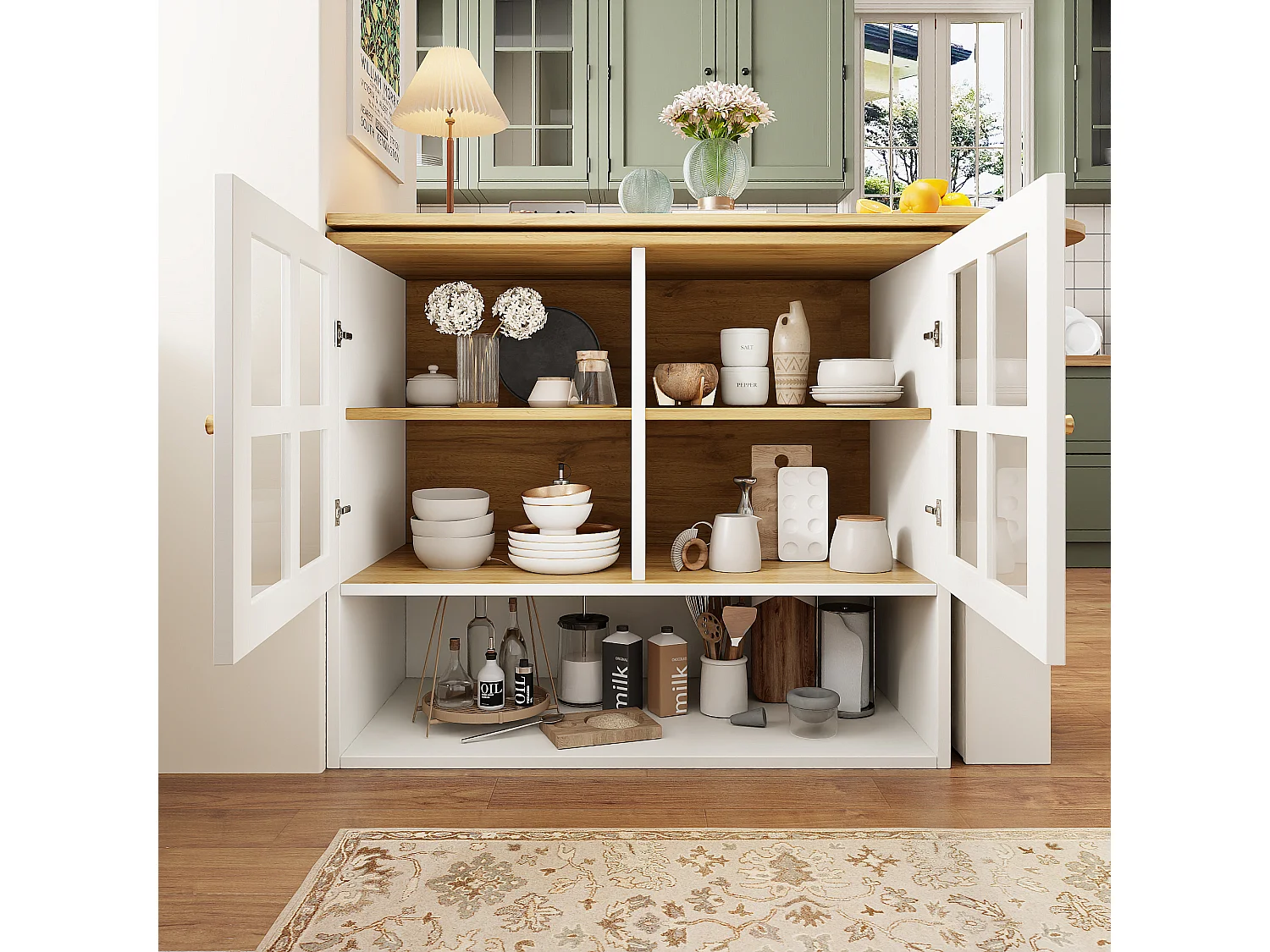Meuble de bar pivotant avec 2 portes en verre et 1 niche, corps blanc, plateau en placage woodgrain - 204x39x102.5cm