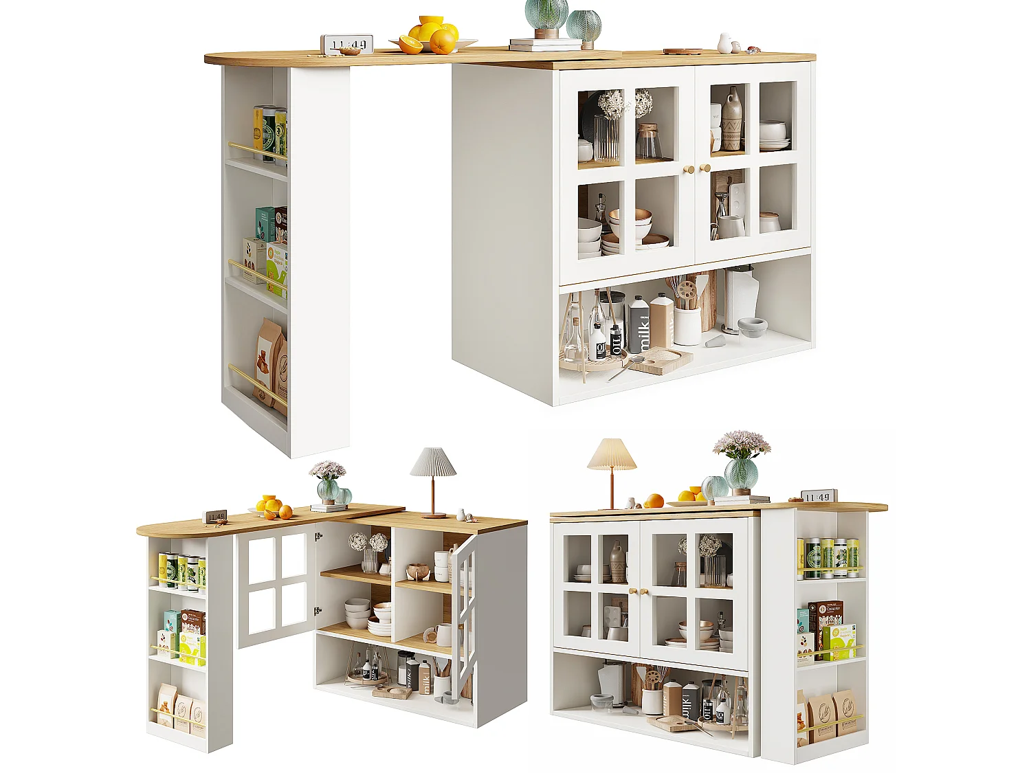 Meuble de bar pivotant avec 2 portes en verre et 1 niche, corps blanc, plateau en placage woodgrain - 204x39x102.5cm