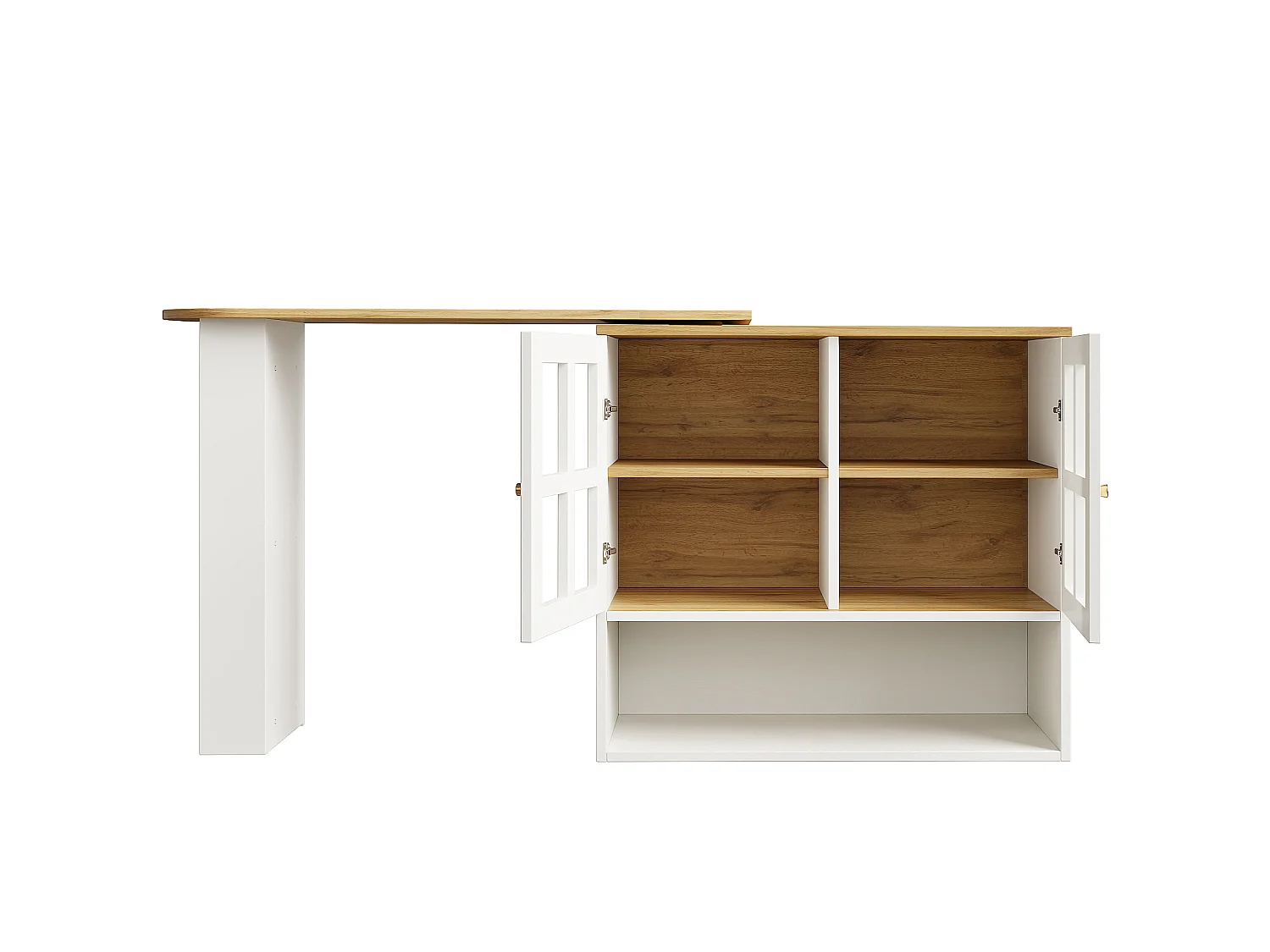 Meuble de bar pivotant avec 2 portes en verre et 1 niche, corps blanc, plateau en placage woodgrain - 204x39x102.5cm