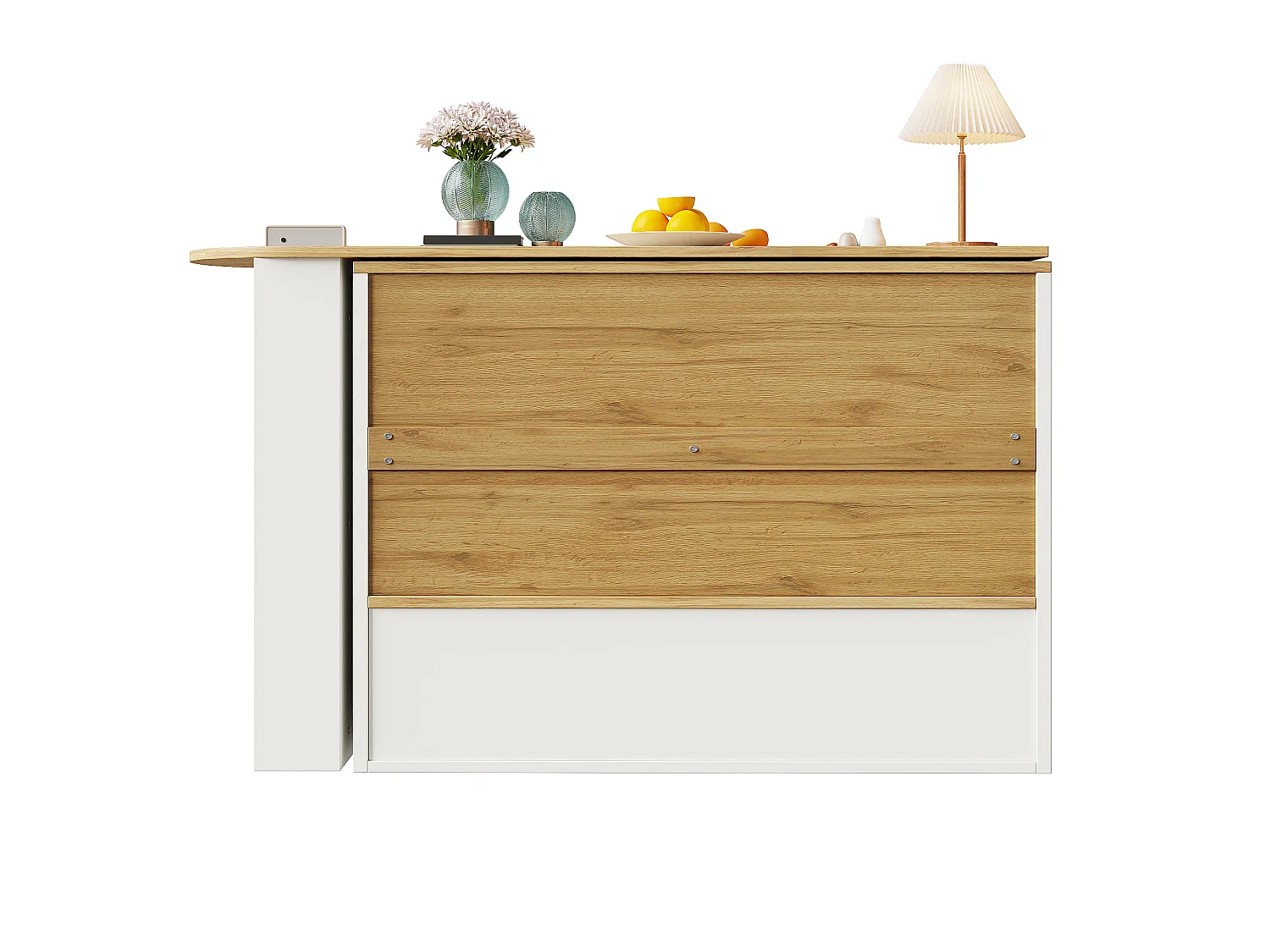 Meuble de bar pivotant avec 2 portes en verre et 1 niche, corps blanc, plateau en placage woodgrain - 204x39x102.5cm
