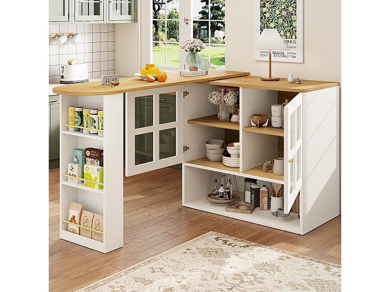 Meuble de bar pivotant avec 2 portes en verre et 1 niche, corps blanc, plateau en placage woodgrain - 204x39x102.5cm