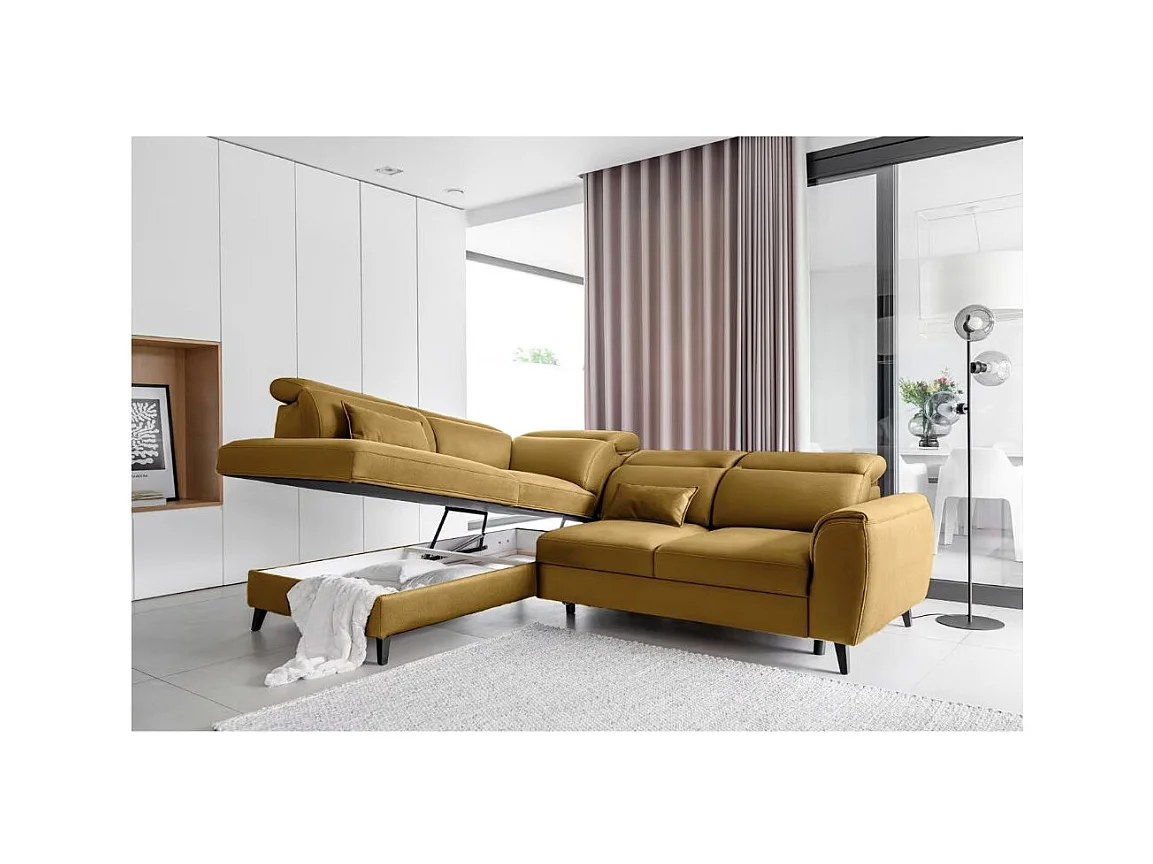 Canapé d'angle convertible avec rangement velours NOBLESSE - Pieds bois noir-Jaune chamoix-angle gauche