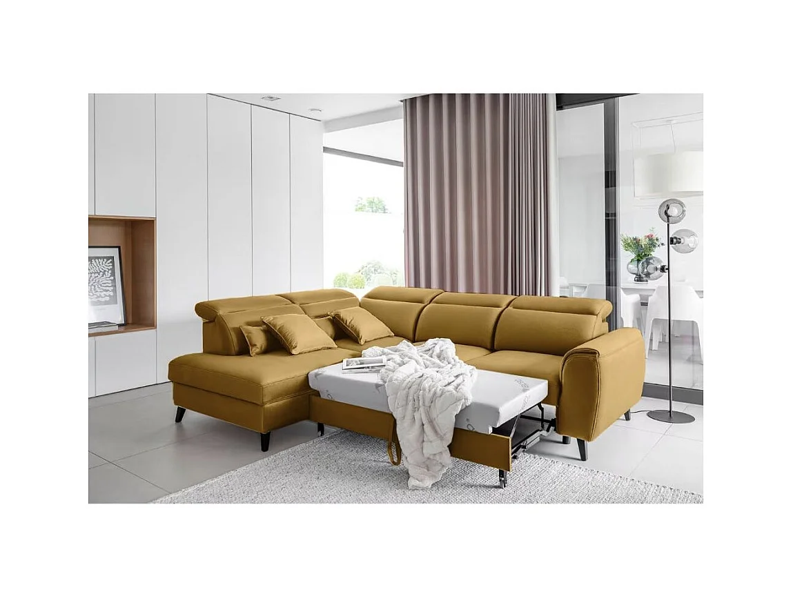 Canapé d'angle convertible avec rangement velours NOBLESSE - Pieds bois noir-Jaune chamoix-angle gauche