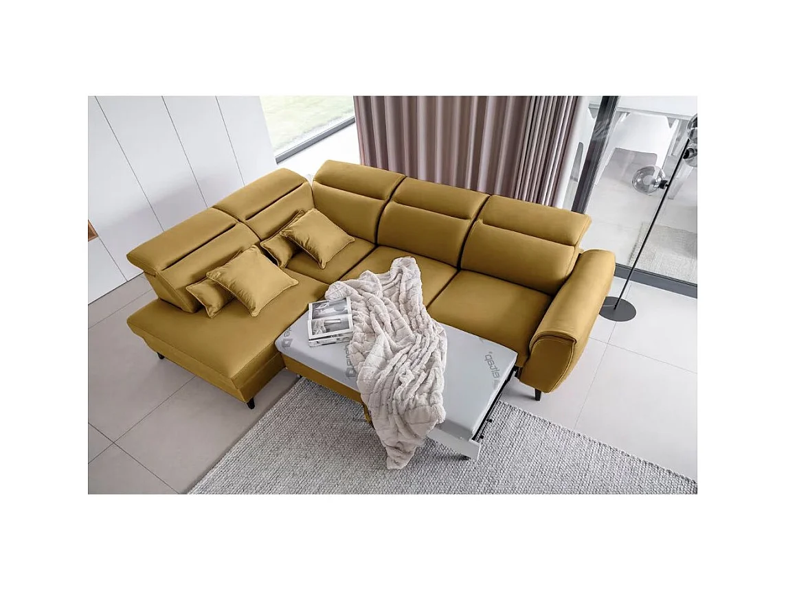 Canapé d'angle convertible avec rangement velours NOBLESSE - Pieds bois noir-Jaune chamoix-angle gauche