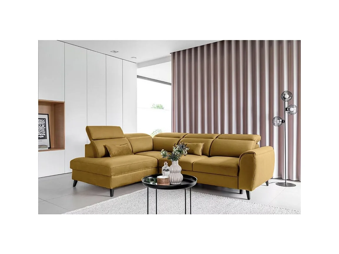 Canapé d'angle convertible avec rangement velours NOBLESSE - Pieds bois noir-Jaune chamoix-angle gauche