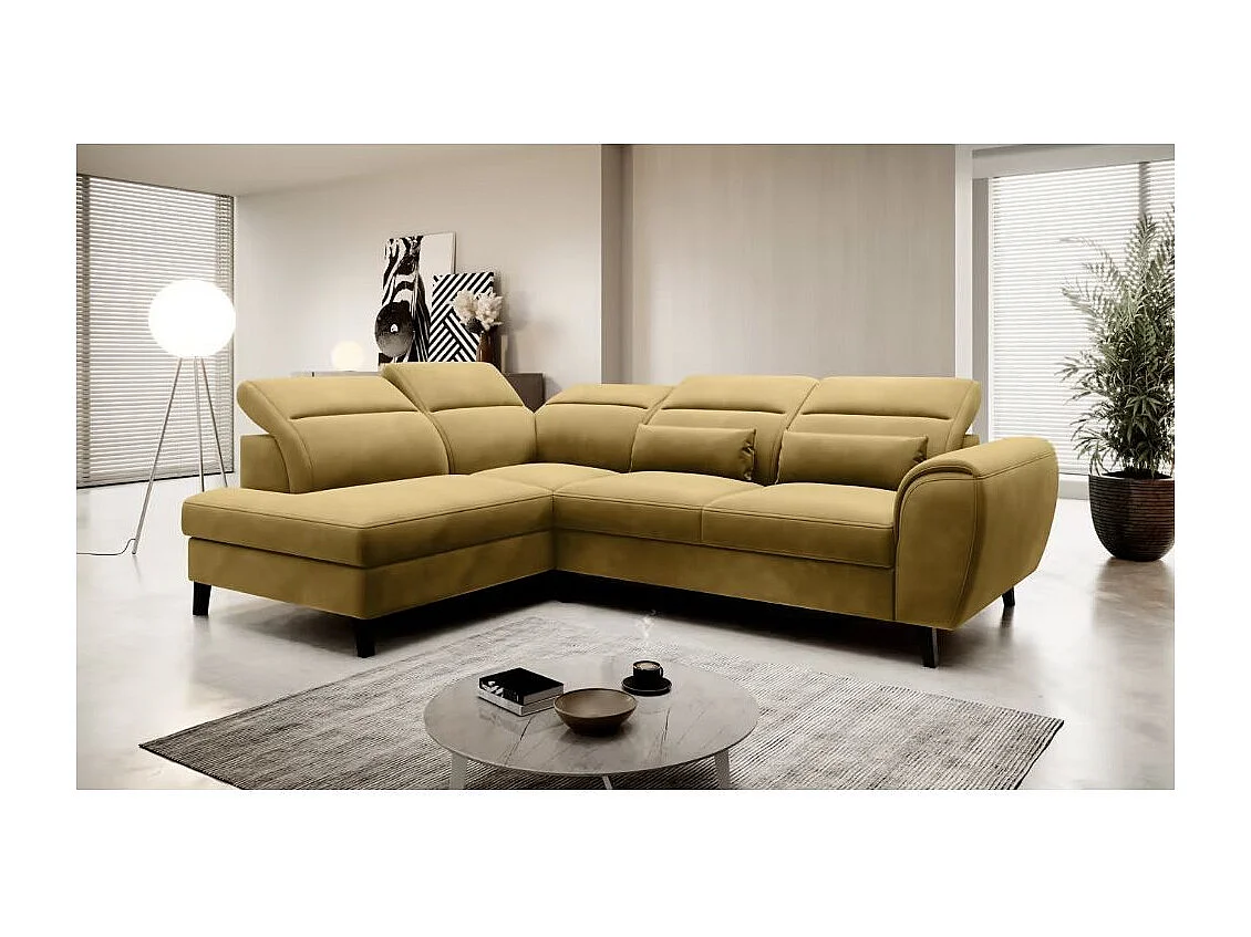 Canapé d'angle convertible avec rangement velours NOBLESSE - Pieds bois noir-Jaune chamoix-angle gauche
