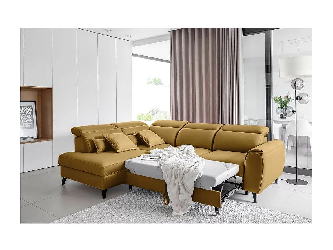 Canapé d'angle convertible avec rangement velours NOBLESSE - Pieds bois noir-Jaune chamoix-angle gauche