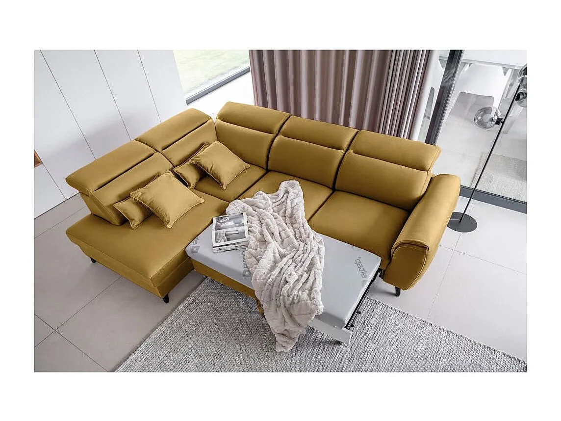 Canapé d'angle convertible avec rangement velours NOBLESSE - Pieds bois noir-Jaune chamoix-angle gauche