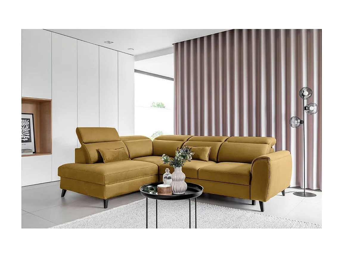 Canapé d'angle convertible avec rangement velours NOBLESSE - Pieds bois noir-Jaune chamoix-angle gauche