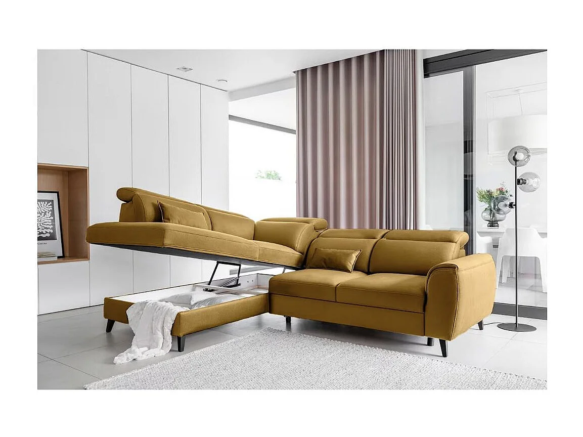 Canapé d'angle convertible avec rangement velours NOBLESSE - Pieds bois noir-Jaune chamoix-angle gauche