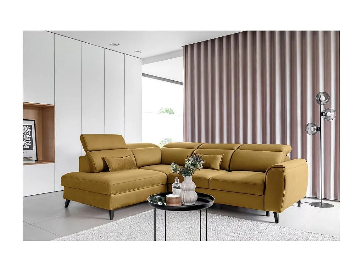 Canapé d'angle convertible avec rangement velours NOBLESSE - Pieds bois noir-Jaune chamoix-angle gauche