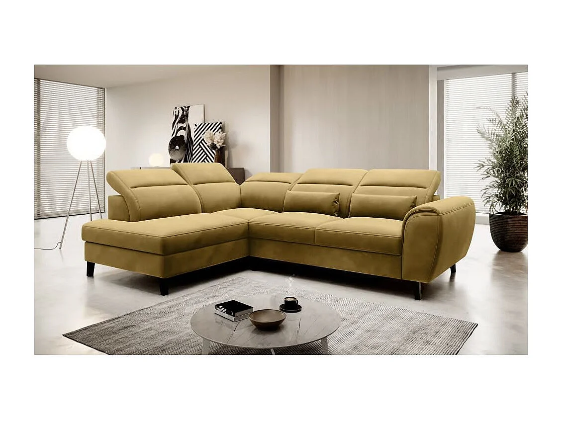 Canapé d'angle convertible avec rangement velours NOBLESSE - Pieds bois noir-Jaune chamoix-angle gauche