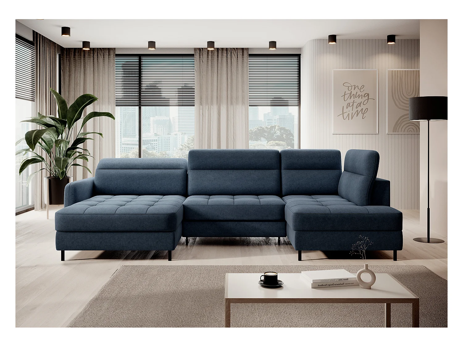 Canapé panoramique convertible BENTO en tissu avec coffre de rangement-Bleu-angle gauche