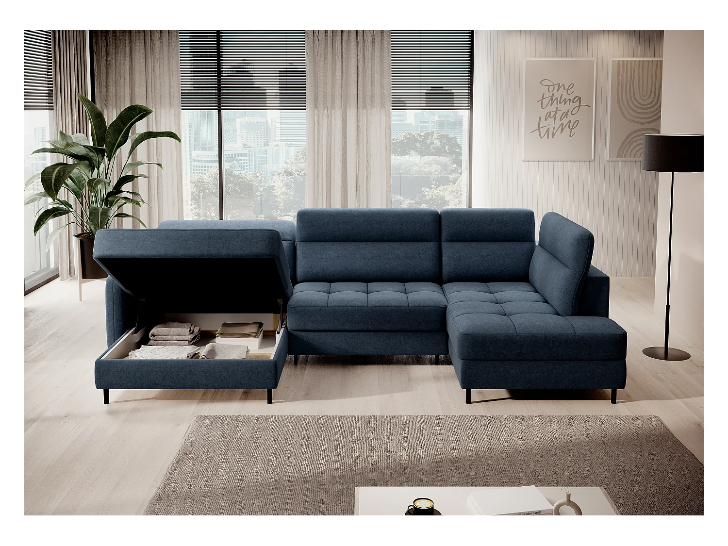 Canapé panoramique convertible BENTO en tissu avec coffre de rangement-Bleu-angle gauche