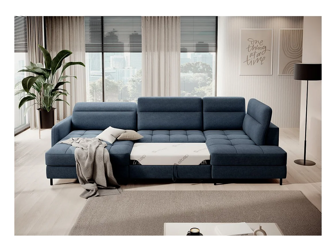 Canapé panoramique convertible BENTO en tissu avec coffre de rangement-Bleu-angle gauche